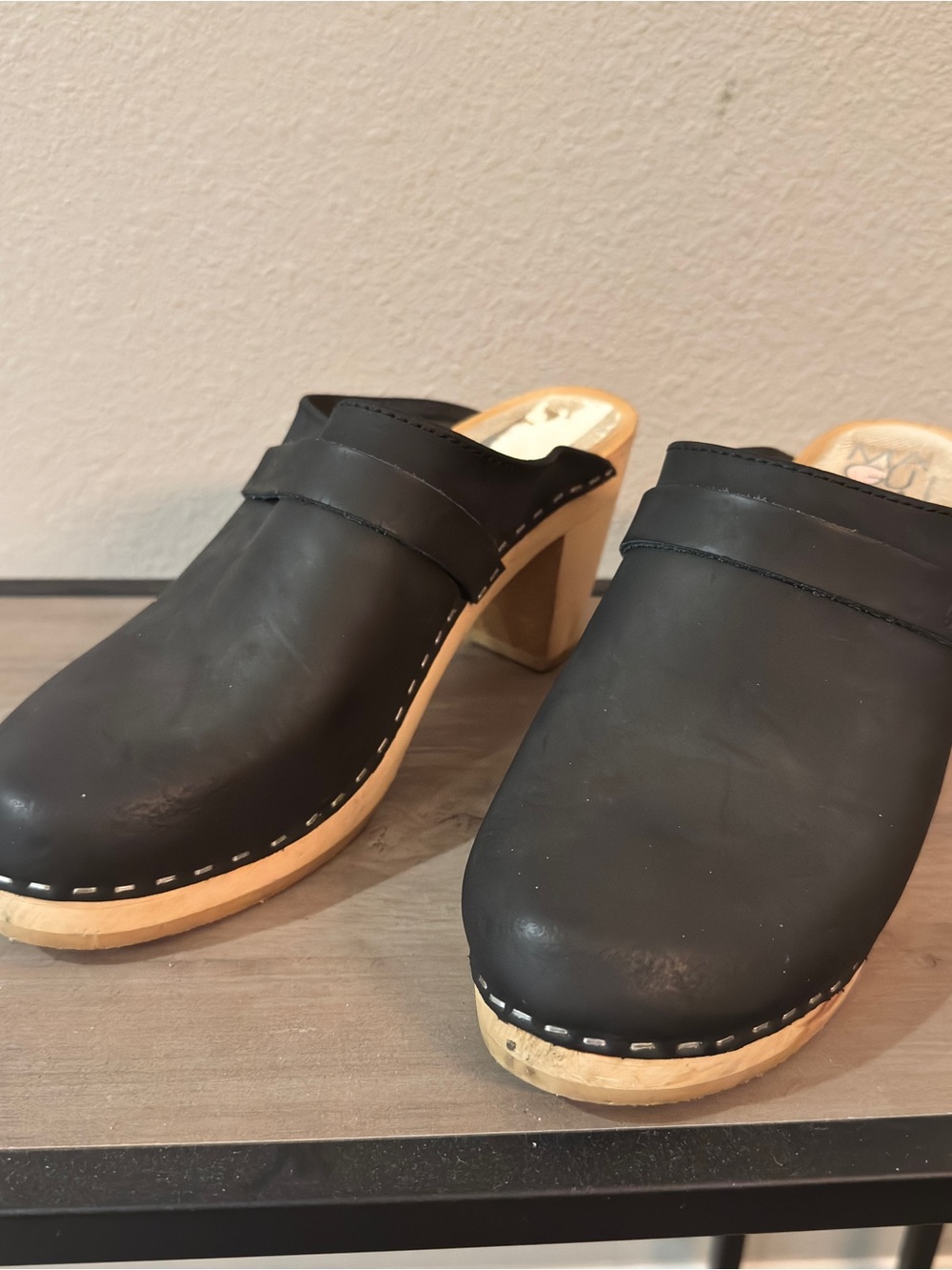 Maguba Stockholm Swedish Clogs Black Leather Wooden Heel Mules EU 41 US 9.5 - Picture 2 of 6